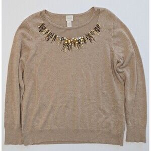Chicos Pullover Sweater Size 2 L Tan Beige Embellished Sequin Rhinestone Holiday